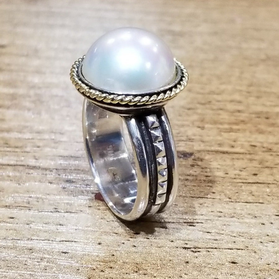 EXQUISITE MABE PEARL STERLING SILVER 14KT GOLD RING