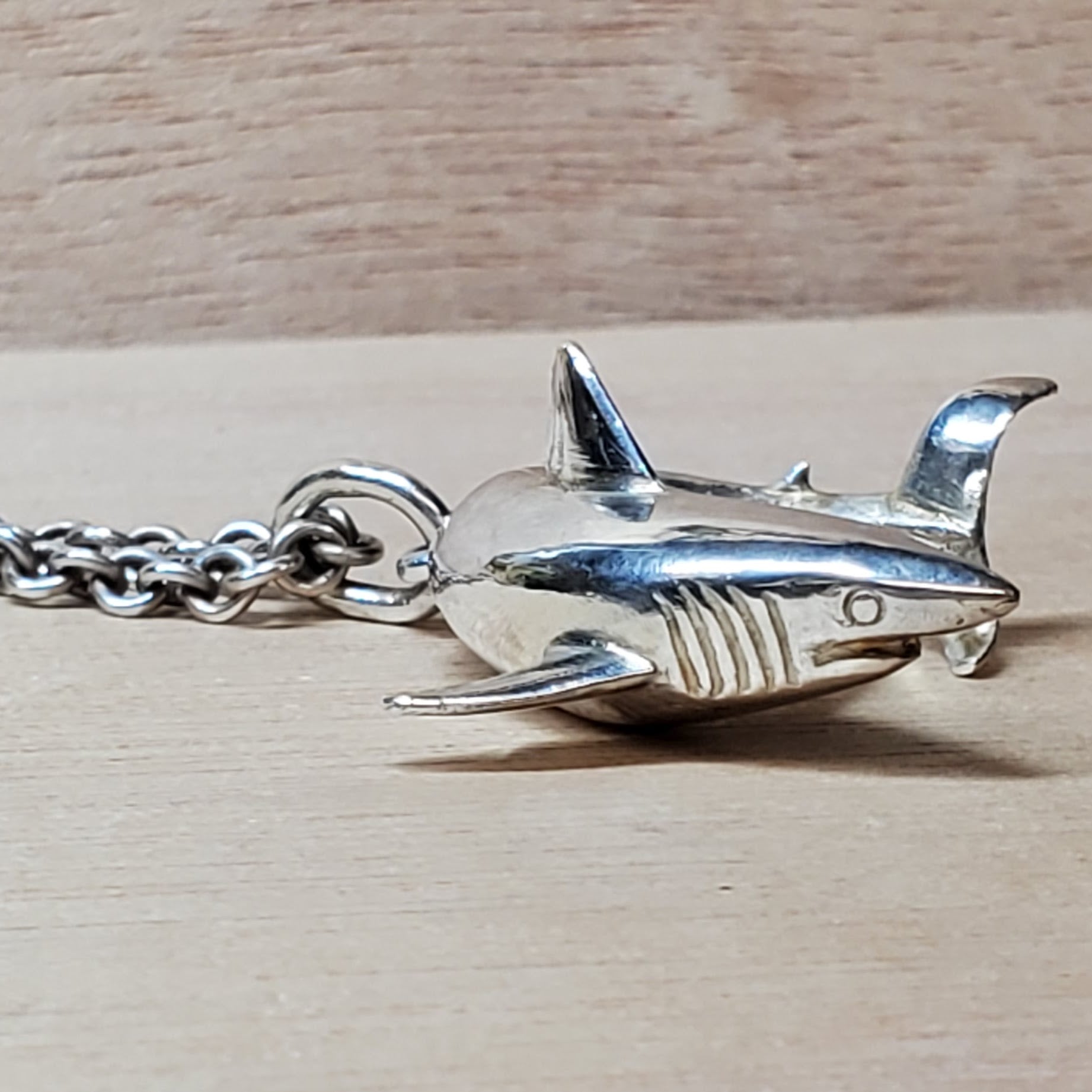 HAND CARVED SOLID STERLING SILVER SHARK PENDANT