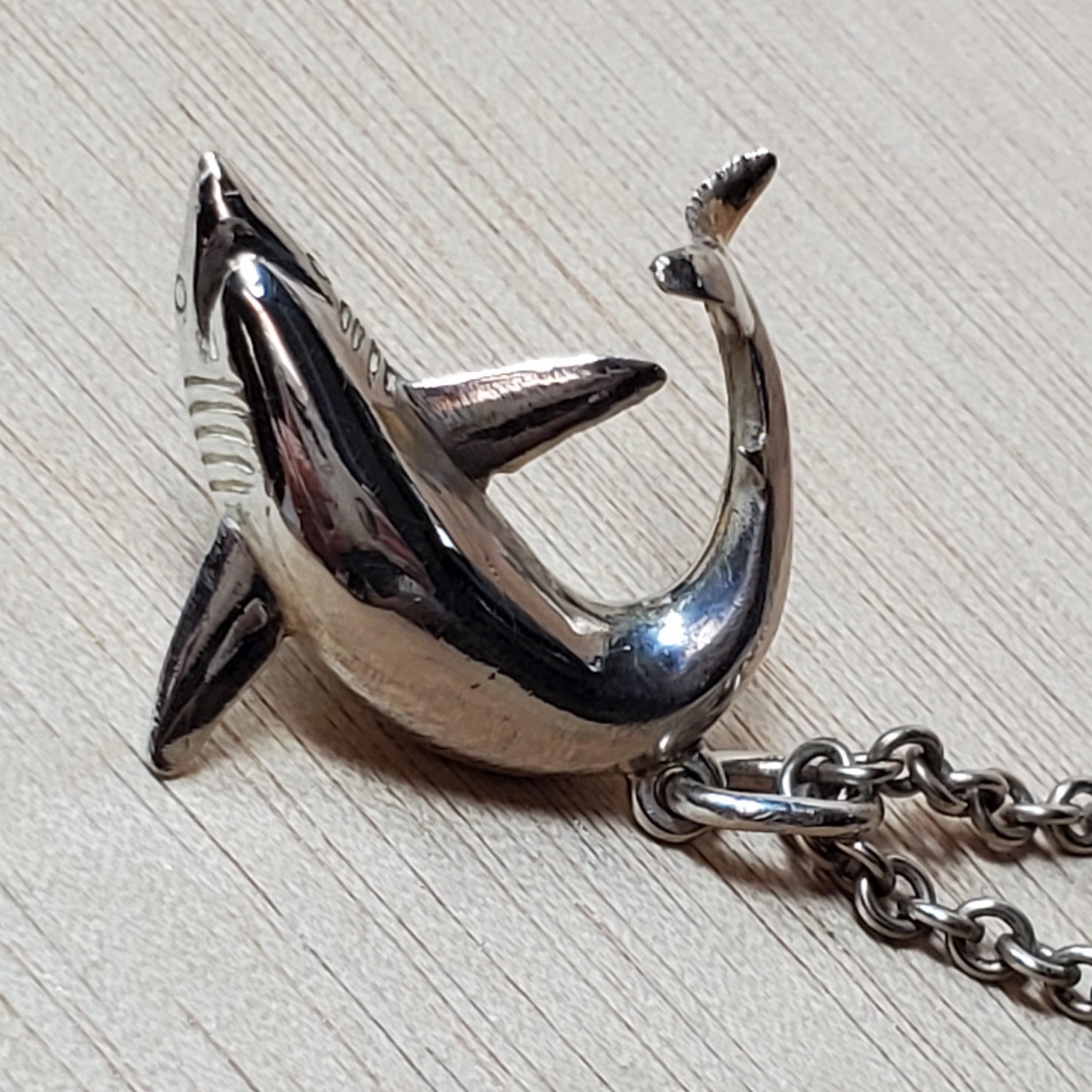 HAND CARVED SOLID STERLING SILVER SHARK PENDANT
