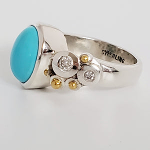 MODERN SILVER, 22kt GOLD & DIAMOND TURQUOISE CABOCHON RING