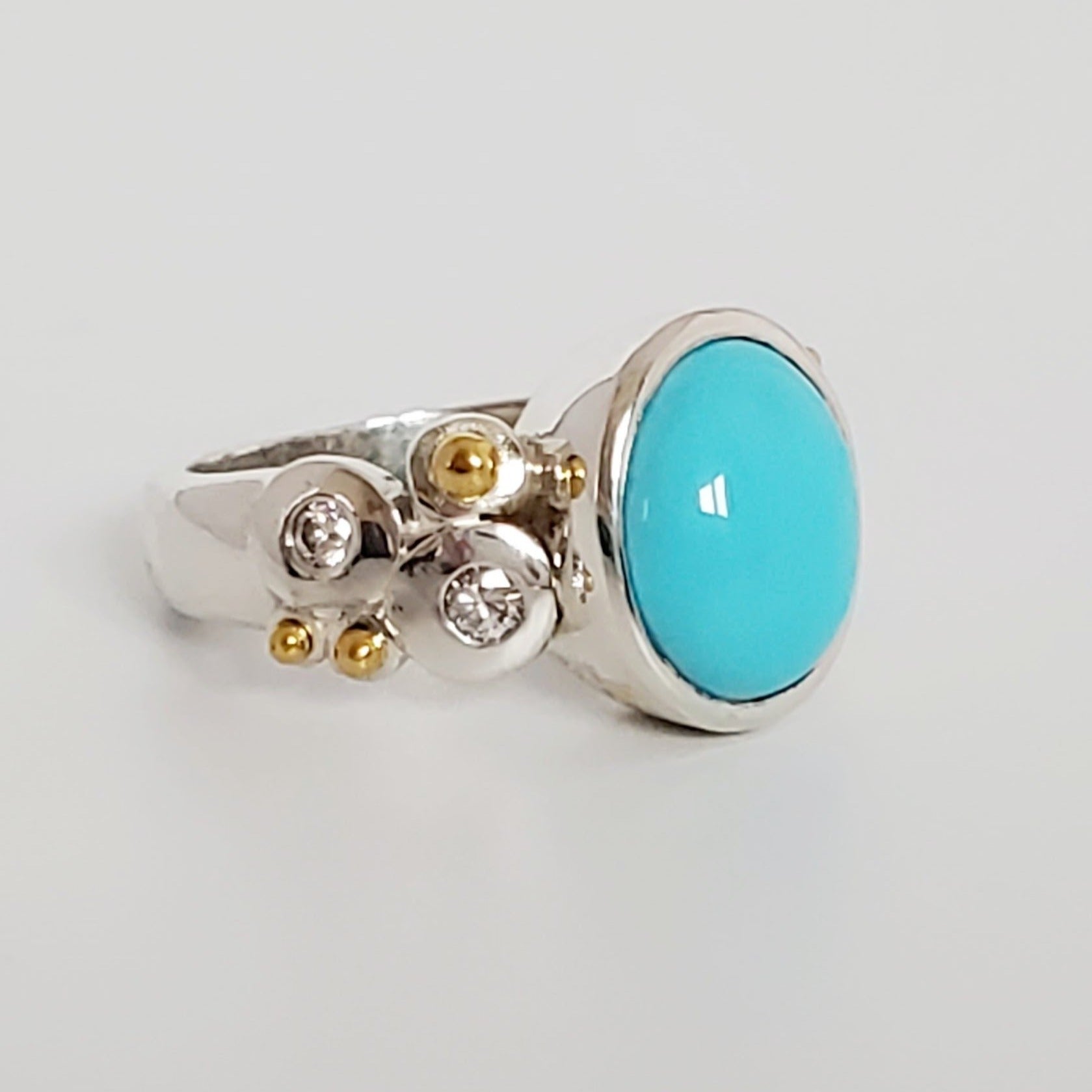 MODERN SILVER, 22kt GOLD & DIAMOND TURQUOISE CABOCHON RING