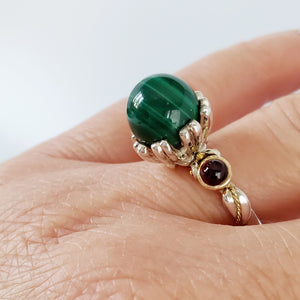 GREEN MALOCHITE SPHERE IN STERLING SILVER WITH GARNET CABOCHONS & 22KT & 14KT YELLOW GOLD