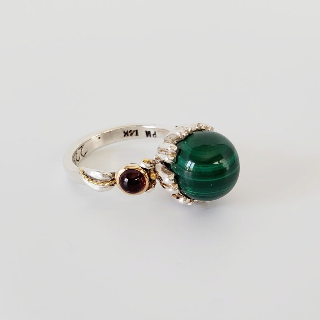 GREEN MALOCHITE SPHERE IN STERLING SILVER WITH GARNET CABOCHONS & 22KT & 14KT YELLOW GOLD