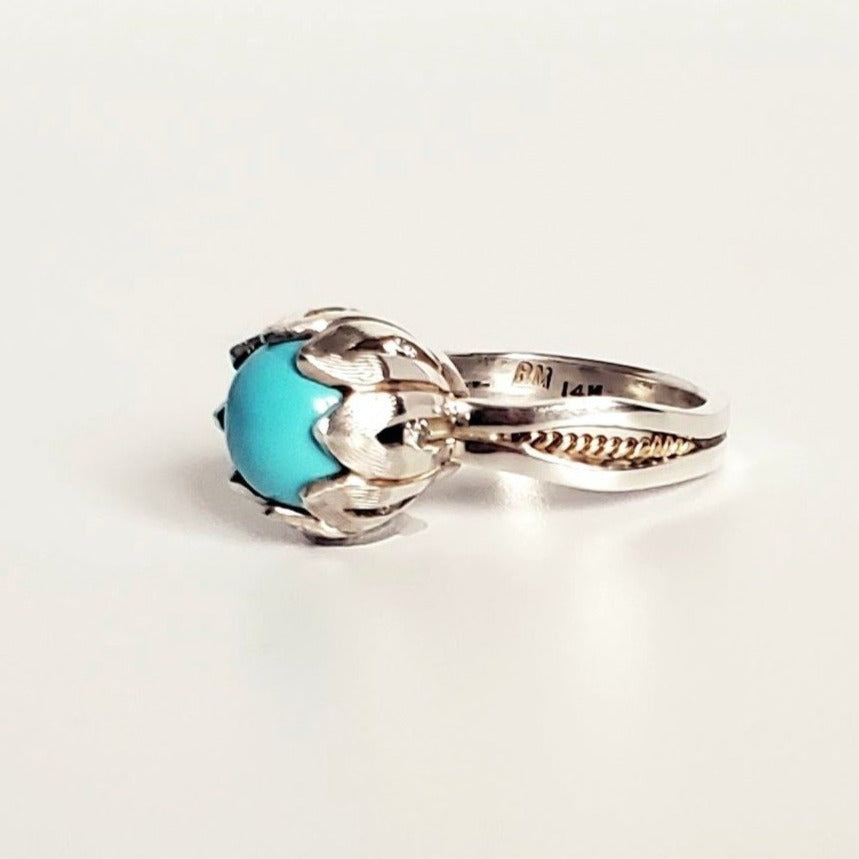 TURQUOISE CABOCHON  W/DIAMONDS IN STERLING SILVER & 14KT YELLOW GOLD