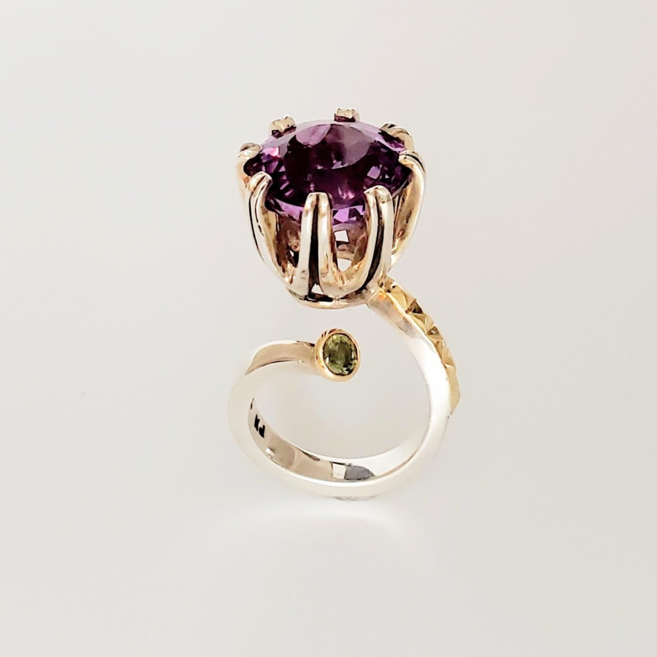 CROWNED AMETHYST WITH A SPOT OF PERIDOT IN STERLING SILVER & 14KT GOLD