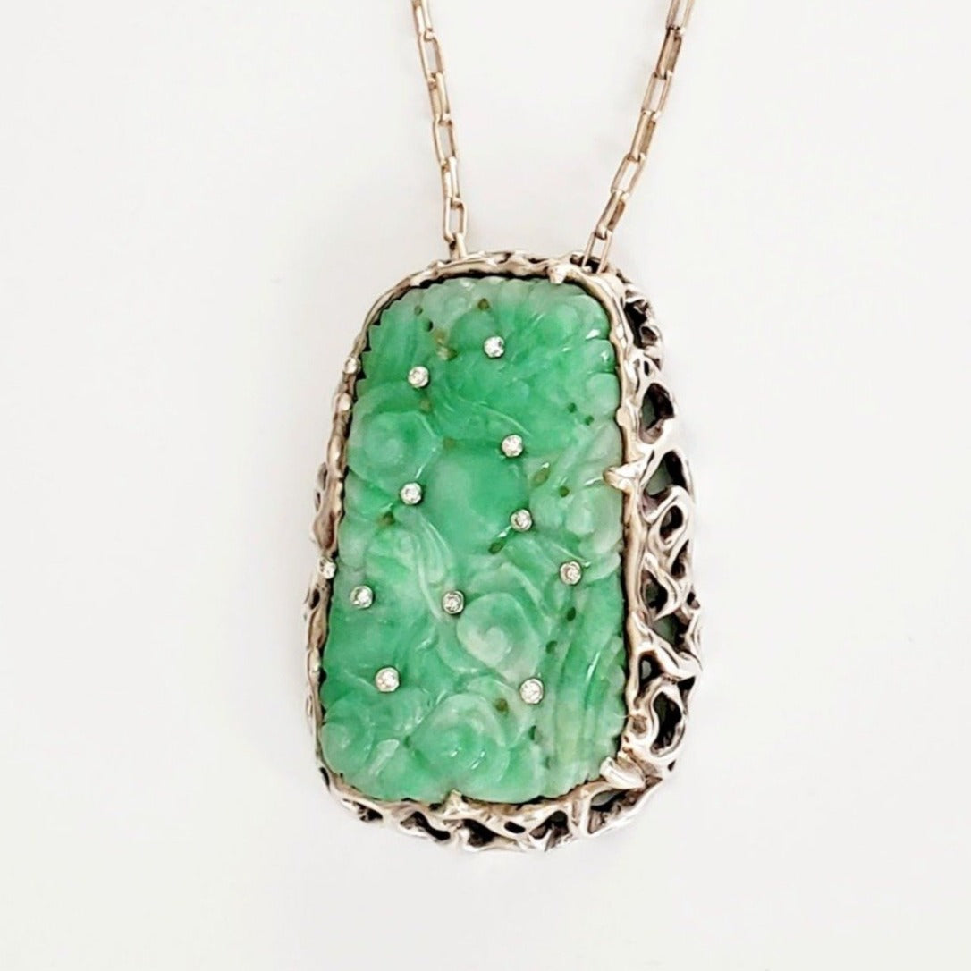 SCULPTED JADE & DIAMOND PENDANT MODELED IN STERLING SILVER