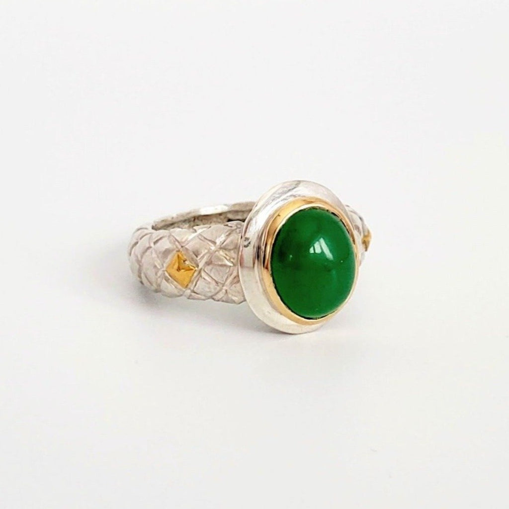 STERLING SILVER & 14KT YELLOW GOLD RING W/ OVAL JADE CABOCHON